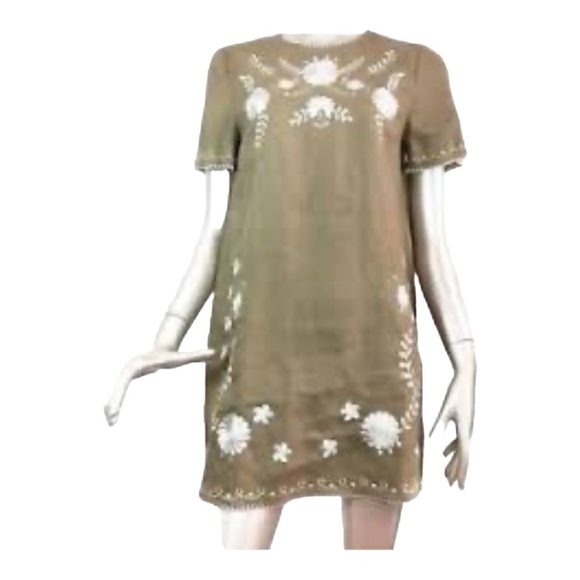 Zara 100% Linen Embroidered Dress Tan/White Women's Size S - Picture 1 of 11